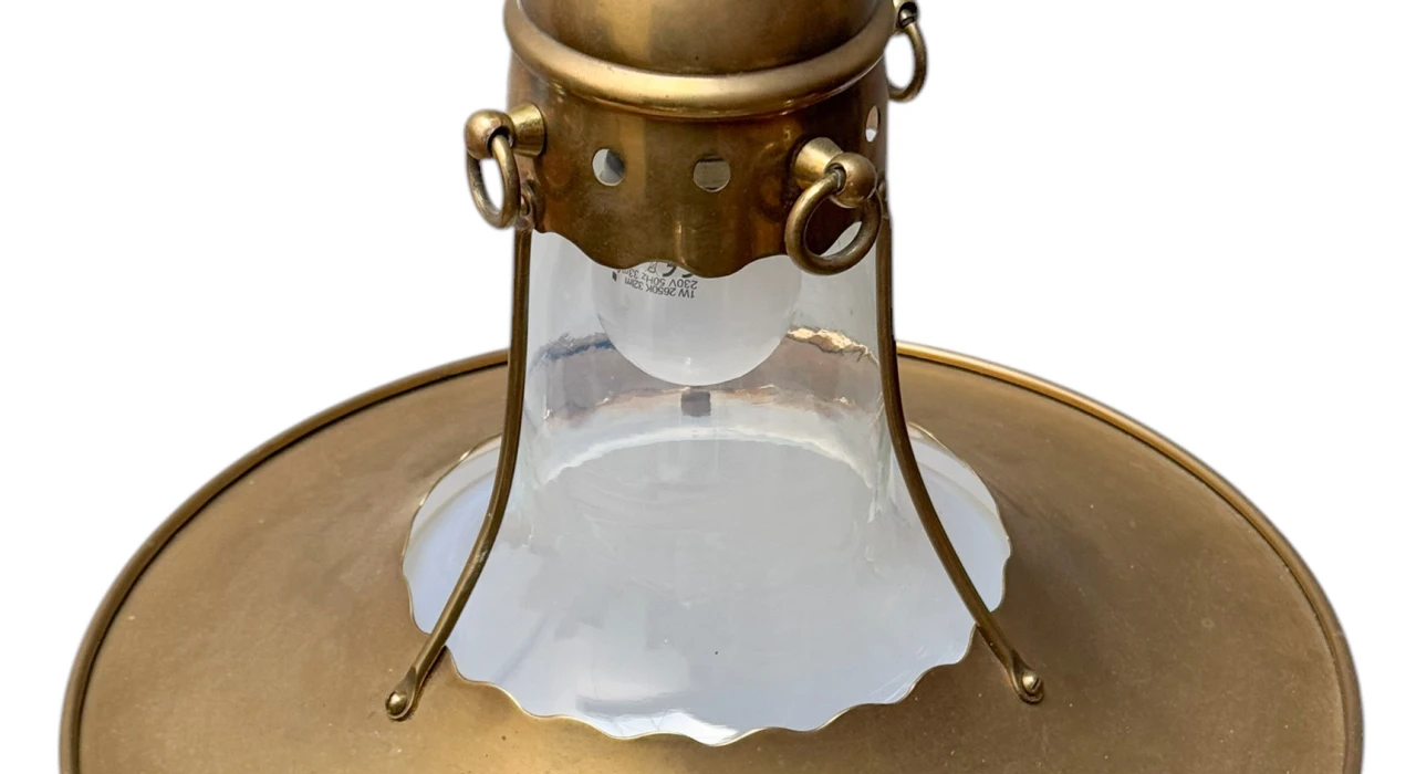 Arts & Crafts Brass Pendant with Glass Shade, 1900s